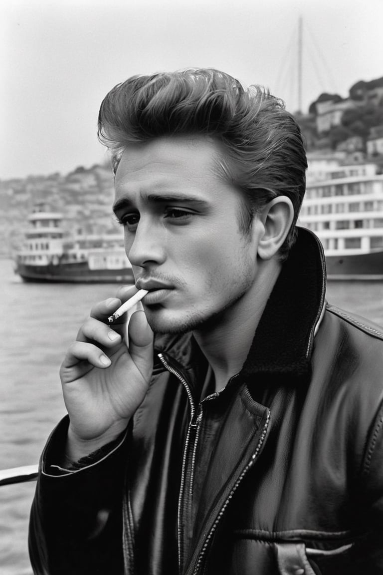 James Dean with a cigarette in his mouth on the Bosphorus, wearing a black jacket, ultra realistic