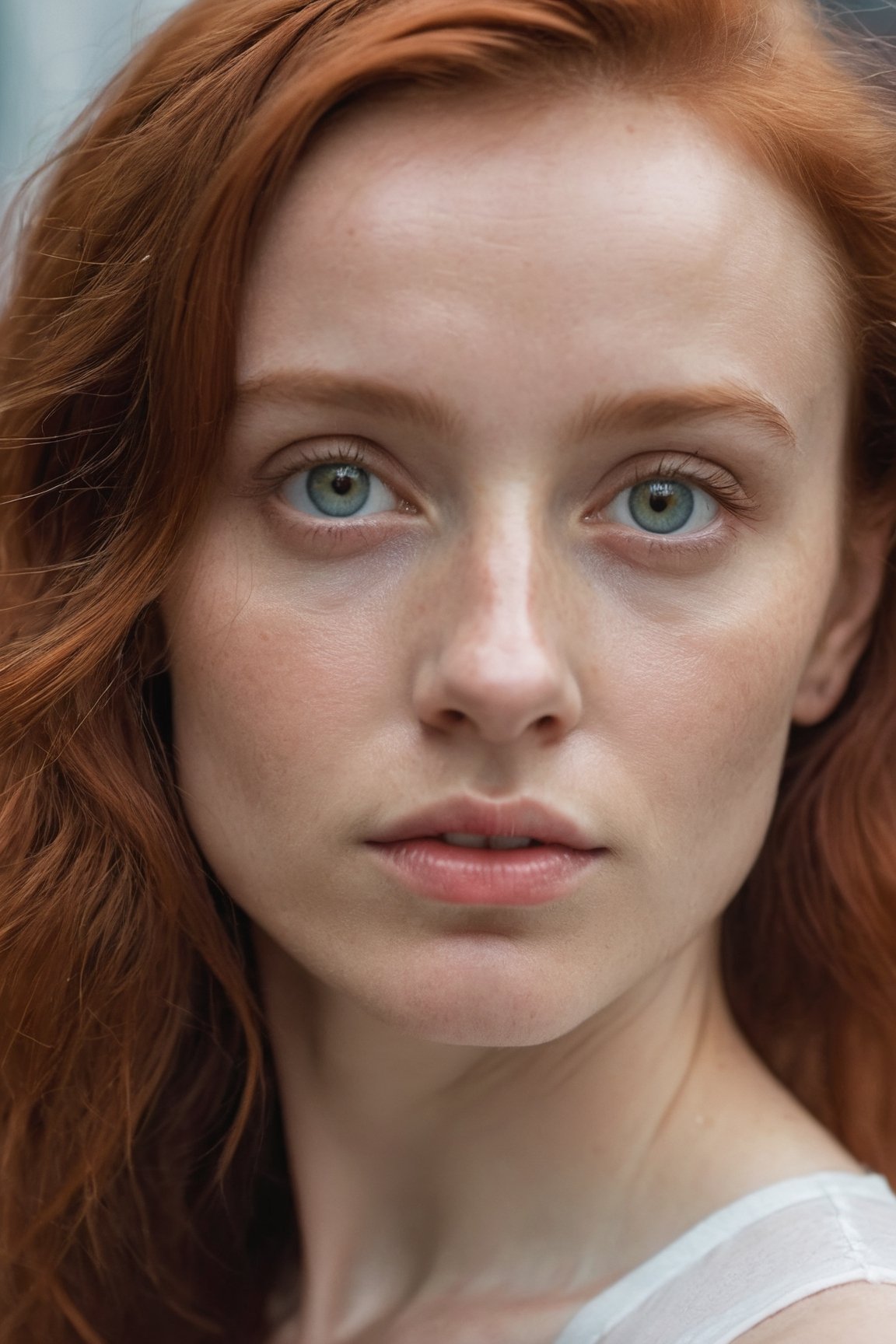 Portrait Photo a portrait, hyperdetailed photography, by Elizabeth Polunin, red haired young woman, brooklyn, looking straight to camera, sweaty, olya bossak, nepal, very accurate photo, suspiria