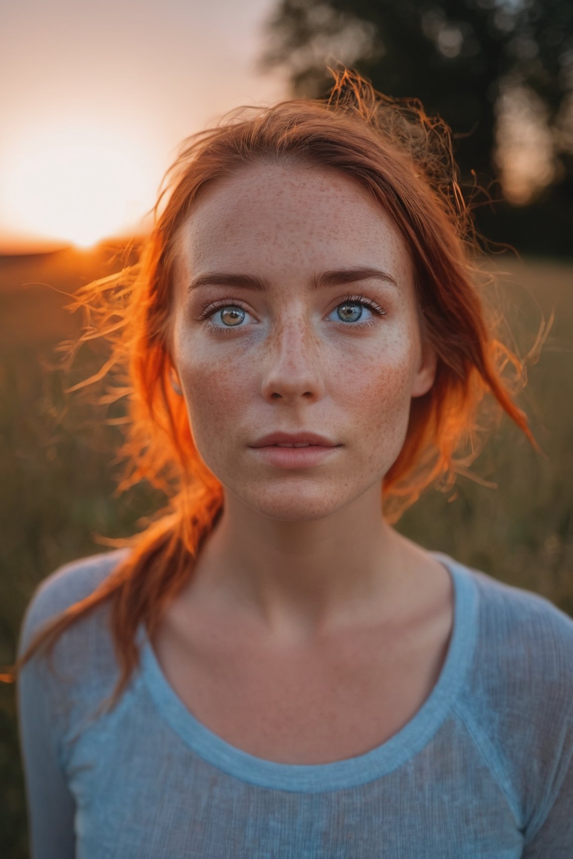 Portrait Photo by Tobias Stimmer, sunset glow around head, camera angle looking up at her, freckle, 4k post, red eyes glowing, 300mm, orange and blue, my pov