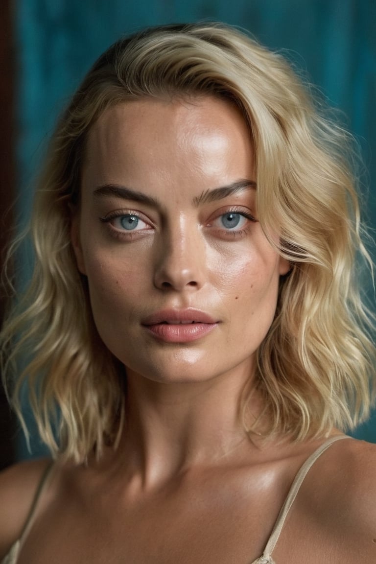 Portrait Photo a portrait,  hyperdetailed photography,  by Elizabeth Polunin,  blond haired young woman, Margot Robbie,  brooklyn,  looking straight to camera,  sweaty,  olya bossak,  nepal,  very accurate photo,  suspiria
