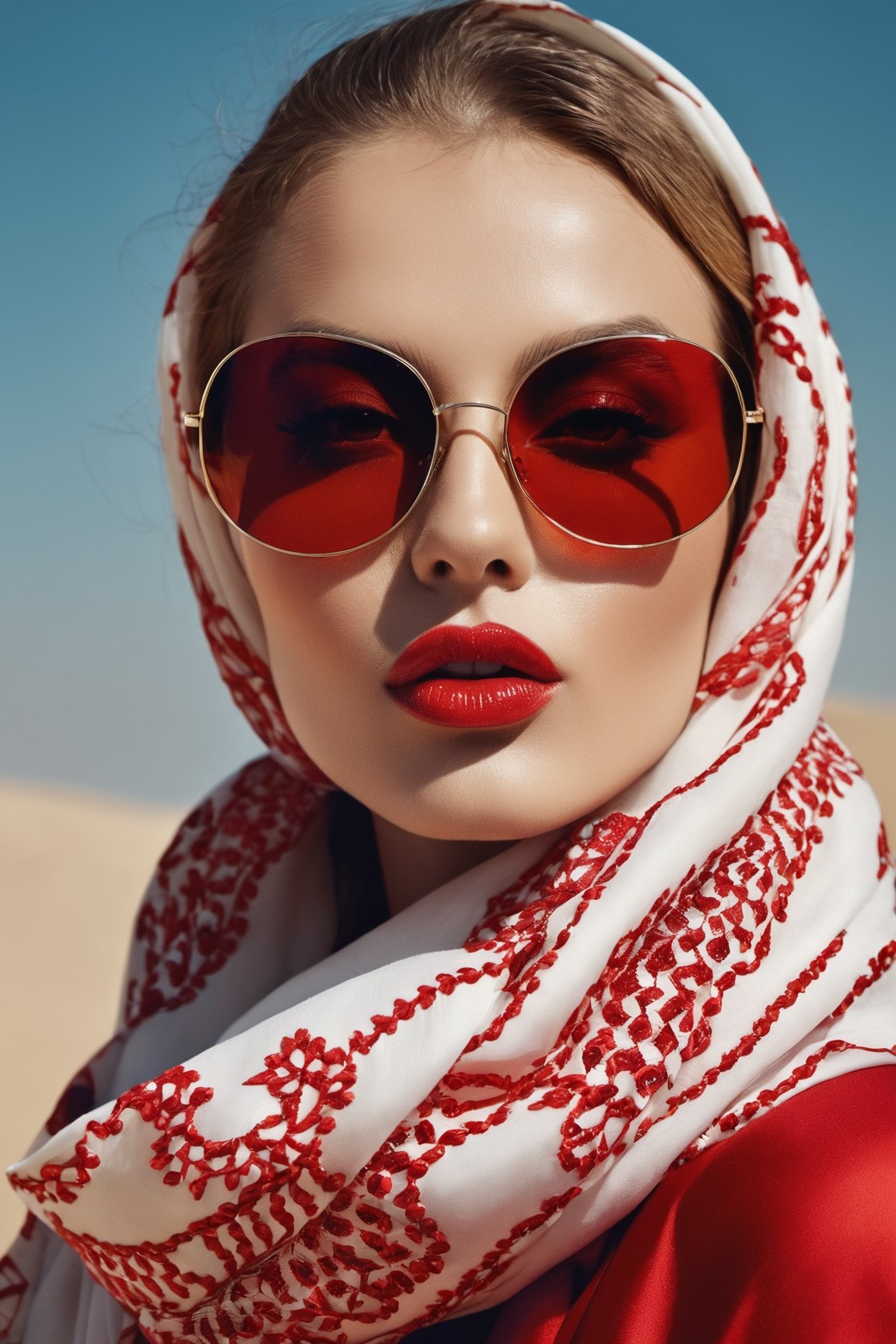 Portrait Photo inspired by Hedi Xandt, hyperdetailed photography, sunglasses and a scarf, close up portrait of a beautiful, olya bossak, arab, red mouth, low iso, luts, vogue magazine editorial