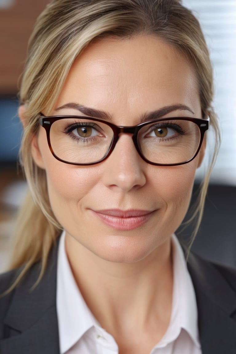 hyperdetailed photography of a beautiful woman, sweaty, office, best quality, 8k UHD, 8k, ultra quality, ultra detailed, closed mouth, smirking, warm lighting, daylight, soft lighting, (closeup), looking_at_viewer, glasses, boss, 40 years old, facing viewer, 