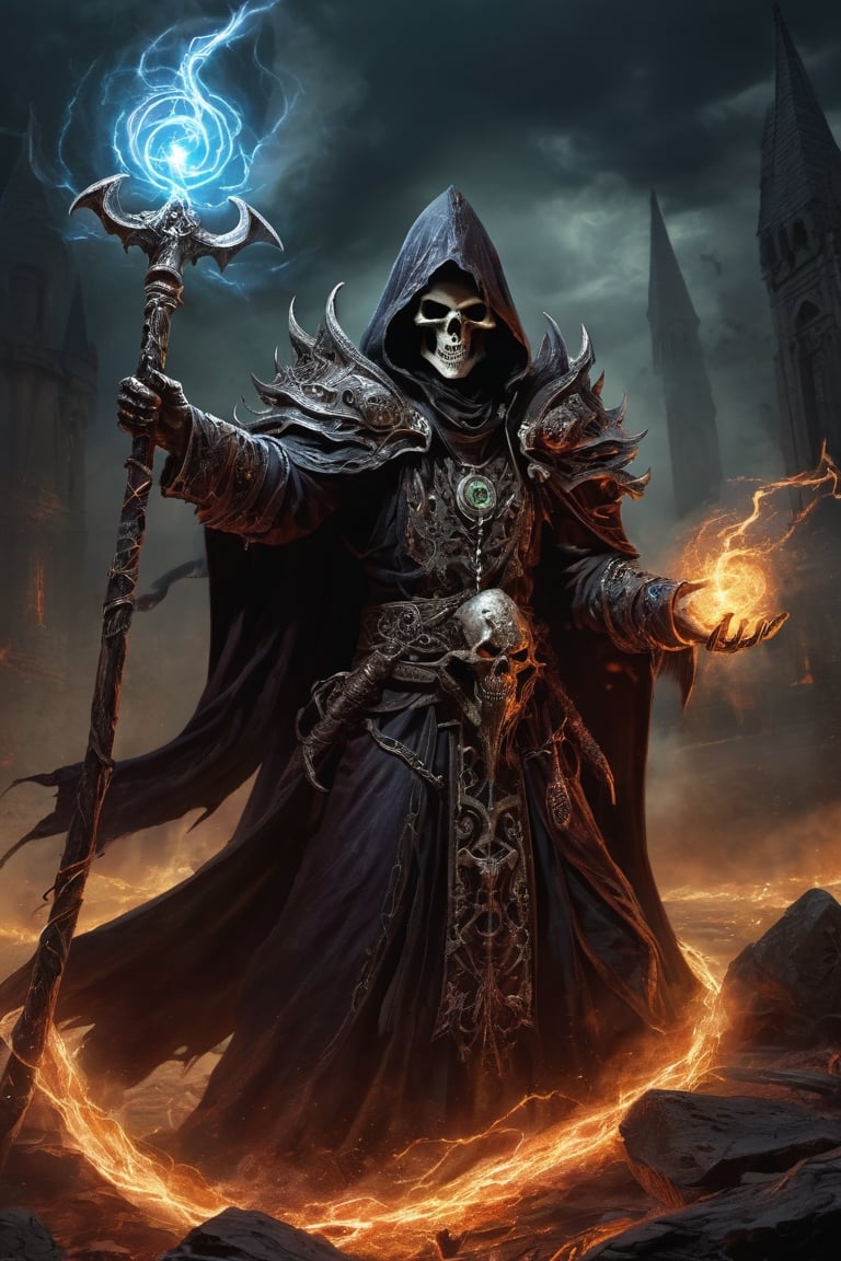 a mighty cursed liche casting a sinisiter spell of immense power, master of the undead horde, bringer of the end, reaper of the living, cursed magic signs, evil magic energy, dark, gritty, masterpiece,highly detailed, photorealistic, high resolution