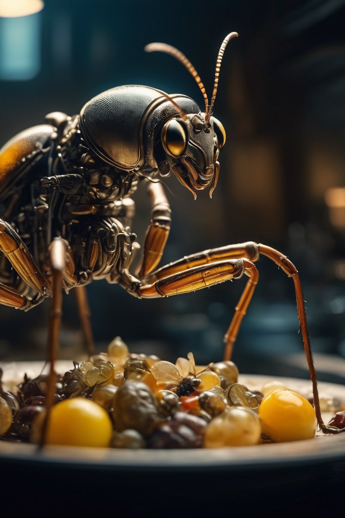 Food photography style In the depths of an otherworldly realm, a bizarre creature emerges, a fusion of insect and woman, machine, soft-bodied animal, composite materials, artificial nerves, artificial muscles, and titanium alloy. cinematic shot + dynamic composition, incredibly detailed, sharpen, details + intricate detail + professional lighting, film lighting + 35mm + anamorphic + lightroom + cinematography + bokeh + lens flare + film grain + HDR10 + 8K + Roger Deakins, ((cinematic)) . Appetizing, professional, culinary, high-resolution, commercial, highly detailed
