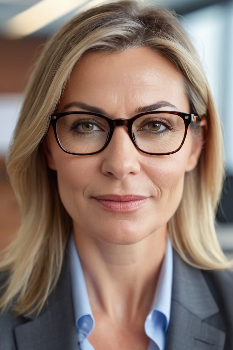 hyperdetailed photography of a beautiful woman, sweaty, office, best quality, 8k UHD, 8k, ultra quality, ultra detailed, closed mouth, smirking, warm lighting, daylight, soft lighting, (closeup), looking_at_viewer, glasses, boss, 40 years old, facing viewer, 
