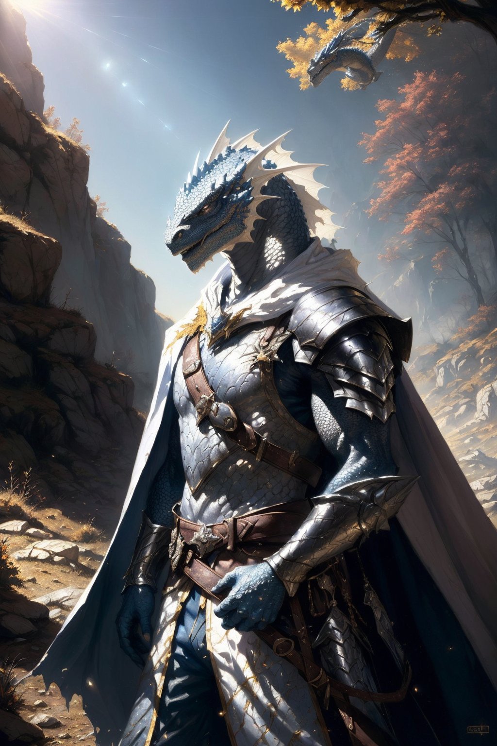 white dragonborn, cape, fantasy, torn clothes, glowing, standing, art by greg rutkowski, armor, cowboy shot, (floating cape), intense sunlight, silver dragonborn, outdoors, landscape, nature , ((masterpiece, best quality))