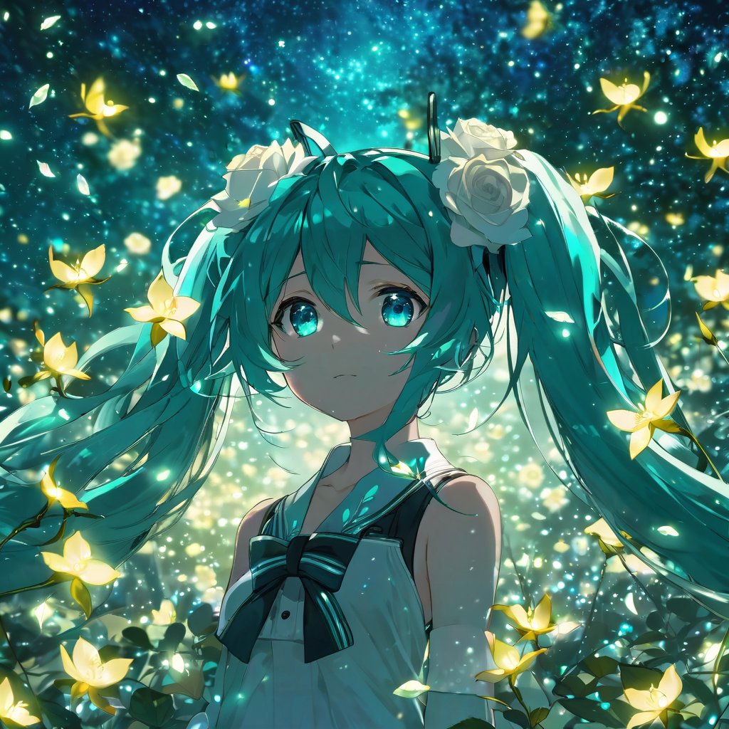 face focus, masterpiece, best quality, 1girl, hatsune miku, white roses, petals, night background, fireflies, light particle, solo, aqua hair with twin tails, aqua eyes, standing, pixiv, depth of field, cinematic composition, best lighting, looking up
