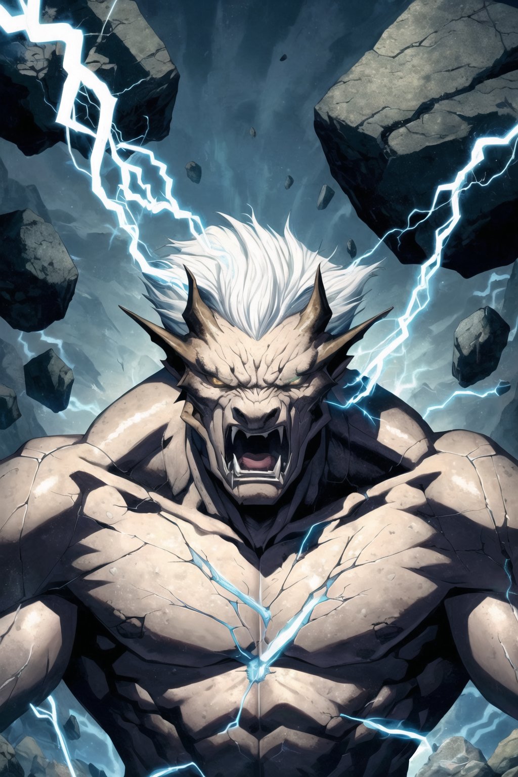 black humanoid made of rock, upper body, barechested, male, ((masterpiece, best quality)), cracked skin, white electricity coming through cracks, muscular male, (dragonborn:0.6), white hair outdoors, detailed background ,dragonborn, ((RAGE)), ((cracked skin))