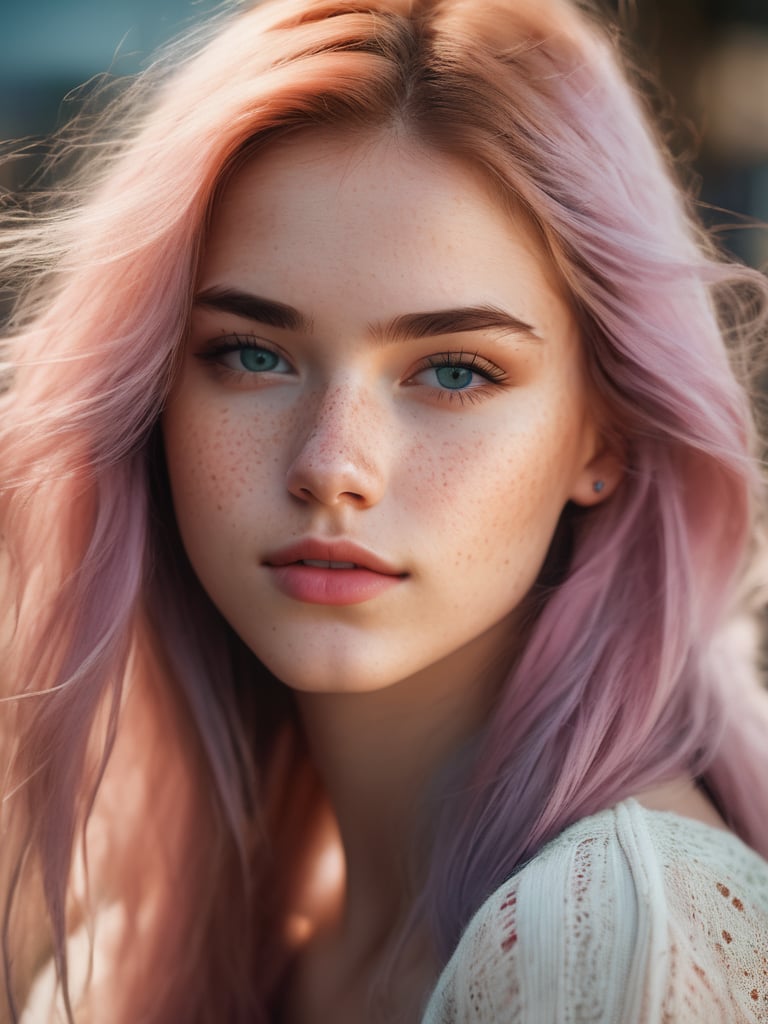 photo of beautiful age 18 girl, pastel hair, freckles sexy, beautiful, close up, young, dslr, 8k, 4k, ultrarealistic, realistic, natural skin, textured skin