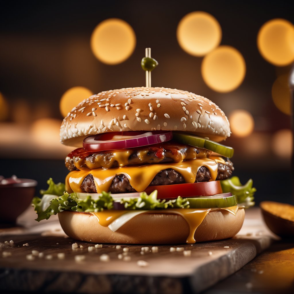 photo of a Burger, depth blur,  dslr, 8k, 4k, realistic, shallow depth of field, vignette, highly detailed, high budget Hollywood movie, bokeh, cinemascope, moody, epic, gorgeous, film grain, grainy