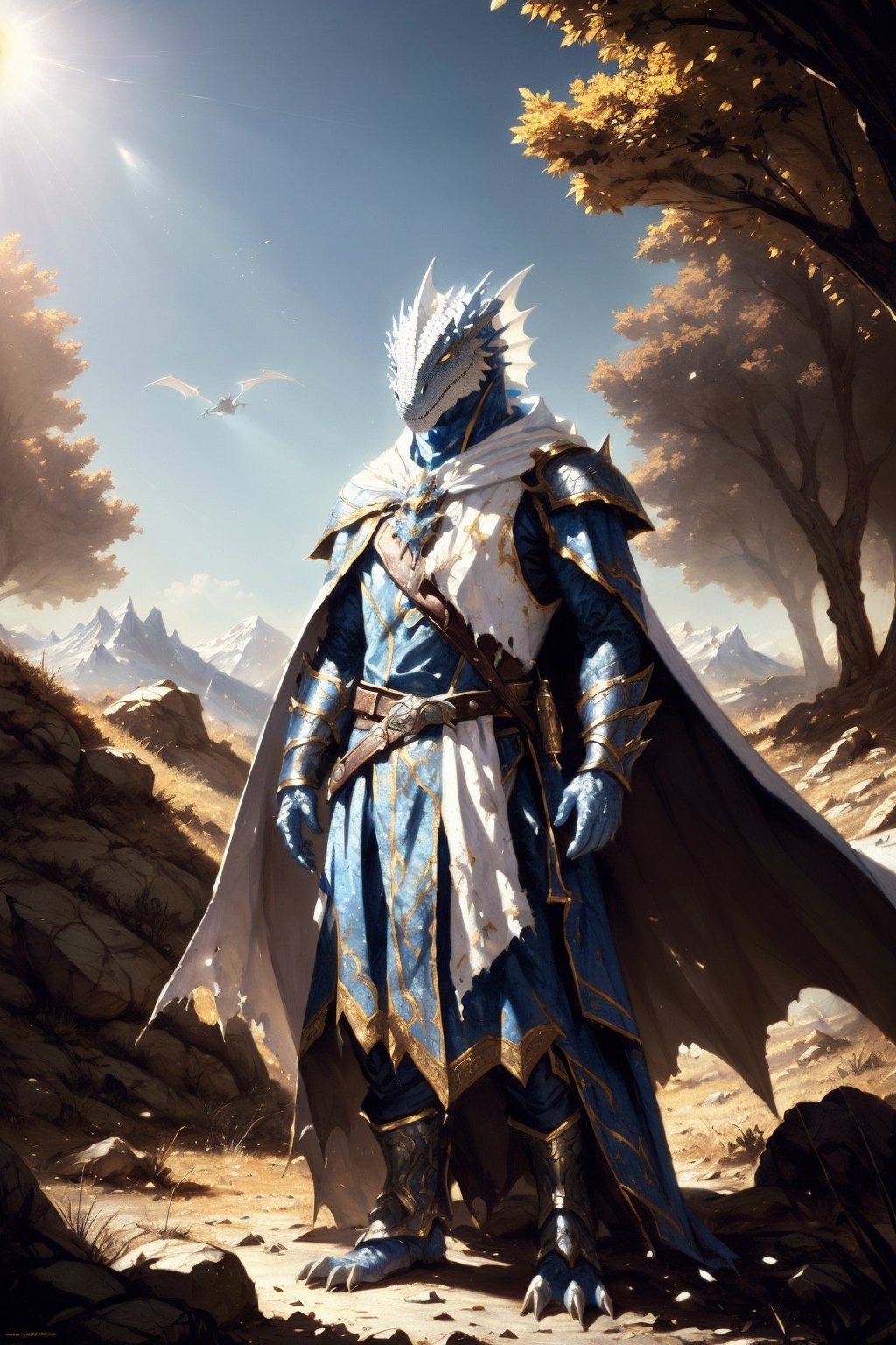 white dragonborn, cape, fantasy, torn clothes, glowing, standing, art by greg rutkowski, armor, cowboy shot, (floating cape), intense sunlight, silver dragonborn, outdoors, landscape, nature , ((masterpiece, best quality))