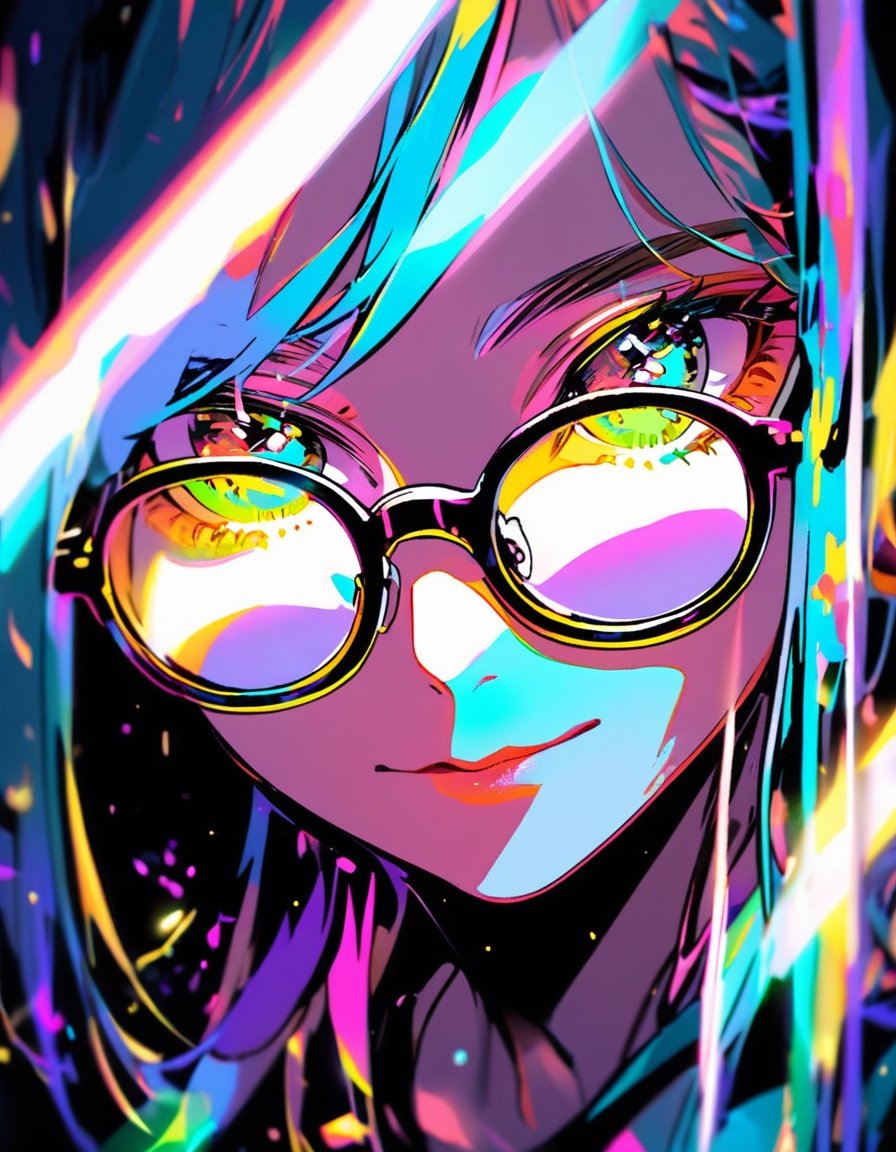 Closeup of a woman under neon light, with reflection of the light in her glasses