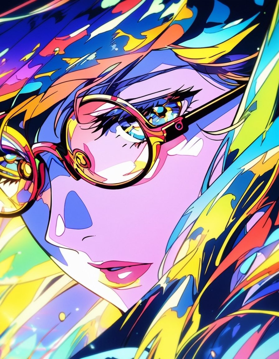 Anime artwork. Closeup of a woman under neon light, with reflection of the light in her glasses, art by J.C. Leyendecker