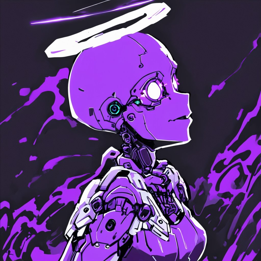 purple theme,glowing,1girl,solo,simple background,upper body,halo,monochrome,futurediff, neon colors , bald, robot, cyborg, purple theme, glowing highly detailed, Futuristic, cyberpunk