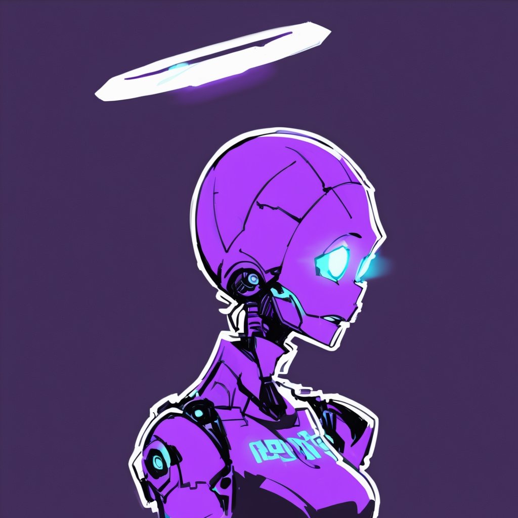 purple theme,glowing,1girl,solo,simple background,upper body,halo,monochrome,futurediff, neon colors , bald, robot, cyborg, purple theme, glowing 