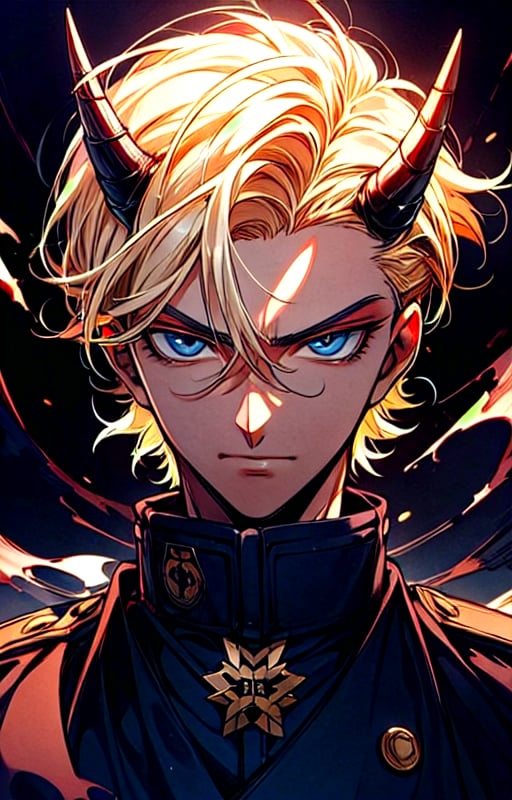 (metallic demon horns),(shiny skin),(masterpiece:1.4),(best quality:1.4),1 man, (short blond hair:1), blue eyes,(evil expression:1),handsome face, dressed in black military uniform, Japanese army military,(tokyo tower background at night:1),,clamp \(circle\)