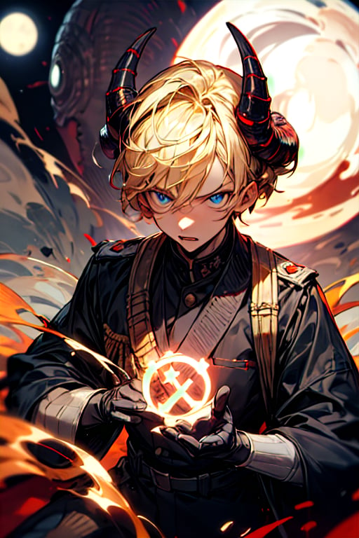 (metallic demon horns),(shiny skin),(masterpiece:1.4),(best quality:1.4),1 man, (short blond hair:1), blue eyes,(evil expression:1),handsome face, dressed in black military uniform, Japanese army military,(tokyo tower background at night:1),black hole spell:1,