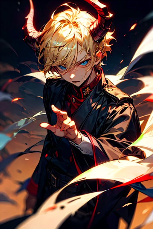 (metallic demon horns),(shiny skin),(masterpiece:1.4),(best quality:1.4),1 man, (short blond hair:1), blue eyes,(evil expression:1),handsome face, dressed in black military uniform:1,Japanese army military,(tokyo tower background at night:1),spell:1,magician:1,mage:1,
