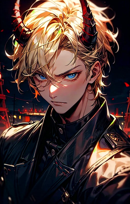 (metallic demon horns),(shiny skin),(masterpiece:1.4),(best quality:1.4),1 man, (short blond hair:1), blue eyes,(evil expression:1),handsome face, dressed in black military uniform, Japanese army military,(tokyo tower background at night:1),