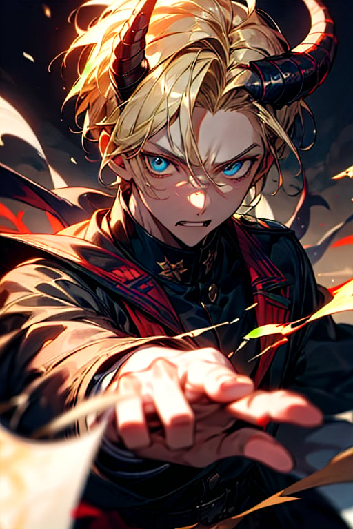 (metallic demon horns),(shiny skin),(masterpiece:1.4),(best quality:1.4),1 man, (short blond hair:1), blue eyes,(evil expression:1),handsome face, dressed in black military uniform:1,Japanese army military,(tokyo tower background at night:1),spell:1,magician:1,mage:1,