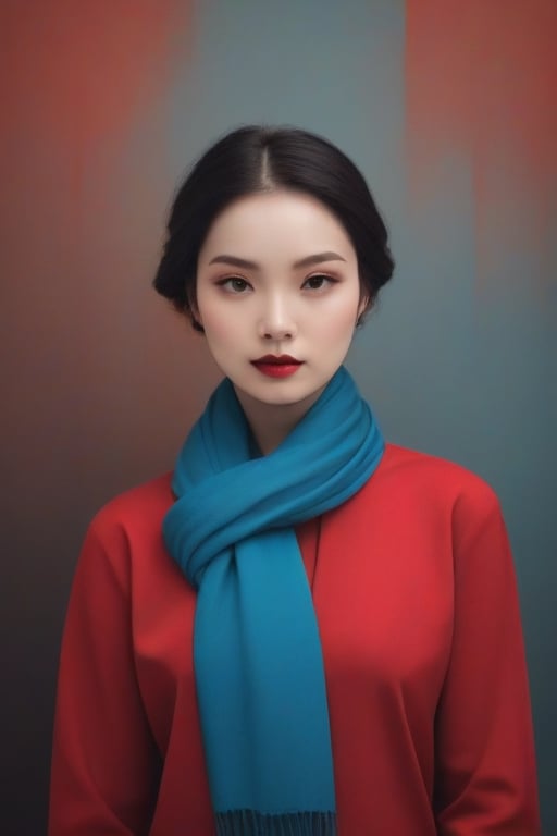 A stunning conceptual photographic portrait, capturing the harmony of colors in an abstract and artistic way. The warm red color is elegantly combined with cobalt blue and turquoise blue, creating a relaxing and welcoming atmosphere. The subject, probably a woman, is wearing a red suit and a cyan scarf around her neck. The background features a conceptual representation of abstract movement, with hints of yellow and red, evoking a feeling of nature and serenity, portrait photography, fashion and conceptual art.