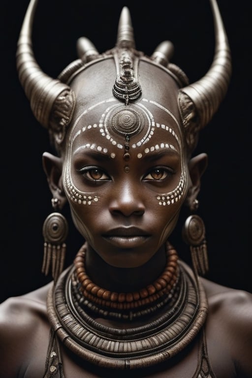 Dream Portrait, Alien Robot African Creature, Detailed Eyes, Intricate Tribal Costume, Perfect Full Body, Intricate Necklaces, Warm Brown Lights, by Peter Lindberg, Lee Jeffries