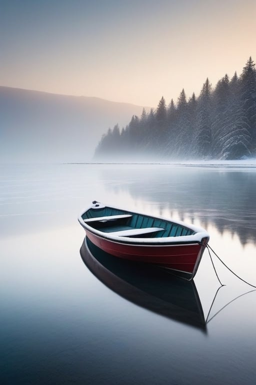Write a descriptive passage that captures the tranquil beauty of a winter seascape, focusing on the details of a solitary wooden boat resting on the snowy shore, partially submerged in the calm waters of a misty expanse."