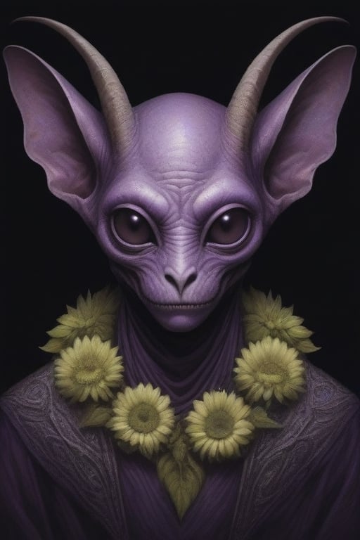 Ethereal portrait of an alien creature with detailed features of purple and lime green flowers, full bat-like body, with warm brown highlights, inspired by the style of Peter Lindberg and Lee Jeffries.