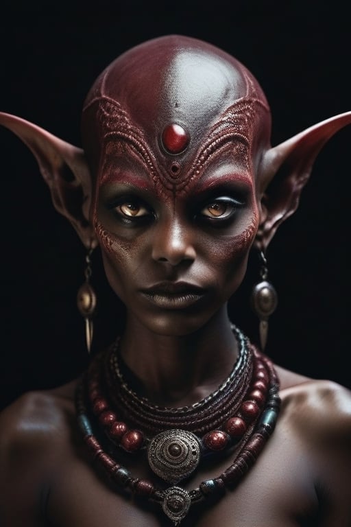Dream portrait, alien evil creature, strange and different, detailed eyes, intricate maroon weird costume, perfect full body, intricate necklaces, warm brown lights, by Peter Lindberg, Lee Jeffries
