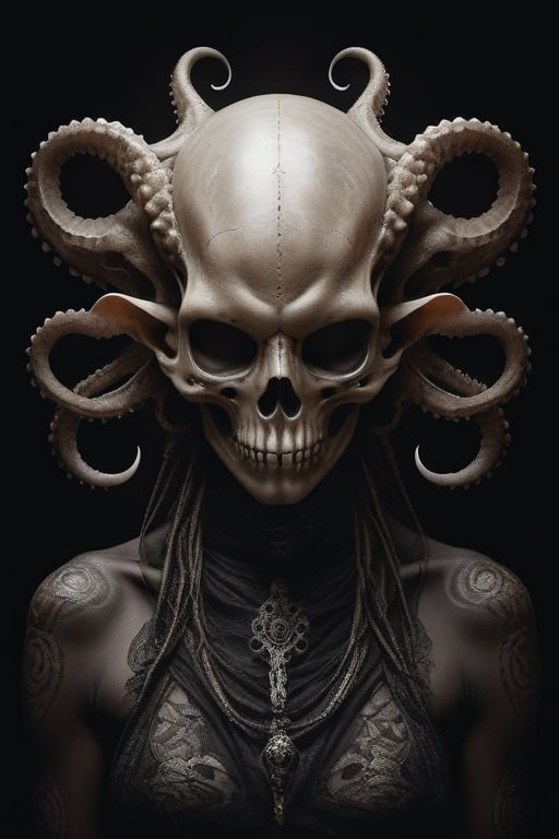 Dream portrait, alien creature, intricate skulls, perfect full body, intricate tentacles, warm brown lights, by Peter Lindberg, Lee Jeffries