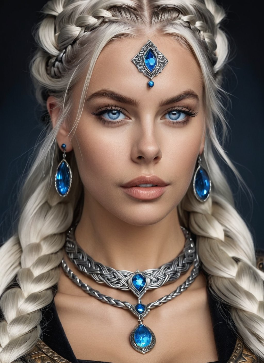 (masterpiece:1.2), (best quality:1.1), detailed, (high quality, highres:1.1), absurdres, HDR, 8k uhd, (close up:1.2), (realistic:1.1), portrait, photorealistic, viking braid, (iron crown:1.1), royal clothes, (viking jewelry:1.2), viking queen, proud look, (platinum hair:1.2), (blue eyes:1.1), royal clothes, (viking jewelry:1.2), dark theme, fcPortrait, (tribal neck tattoo:1.2),
