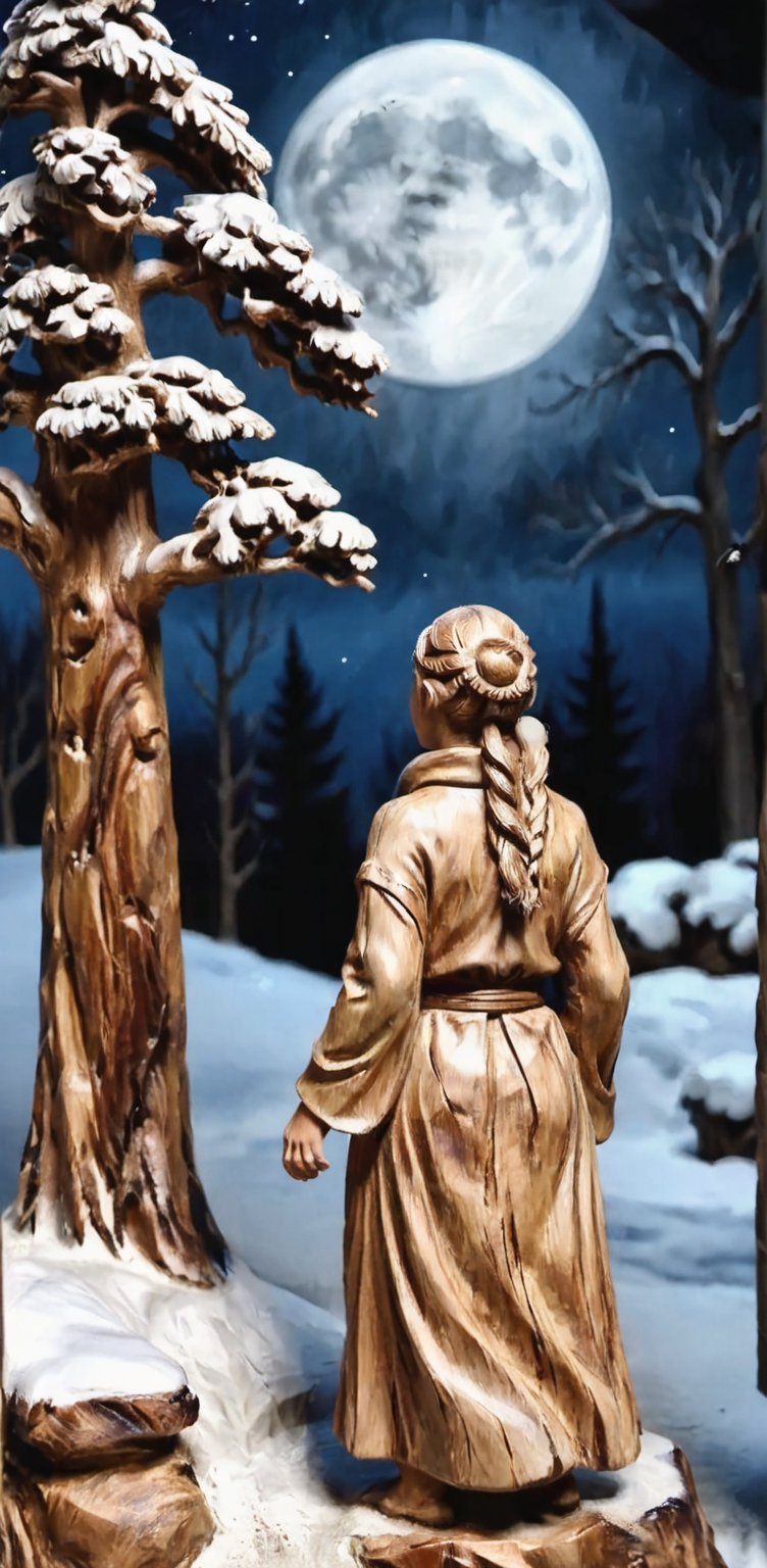 "Craft an artwork showcasing a cinematic rear view, master shot of a Nordic girl, wrapped in a cozy coat and a fashionable ensemble, wandering through a winter landscape, under the enchanting moonlight."
,wood carving style,IMGFIX