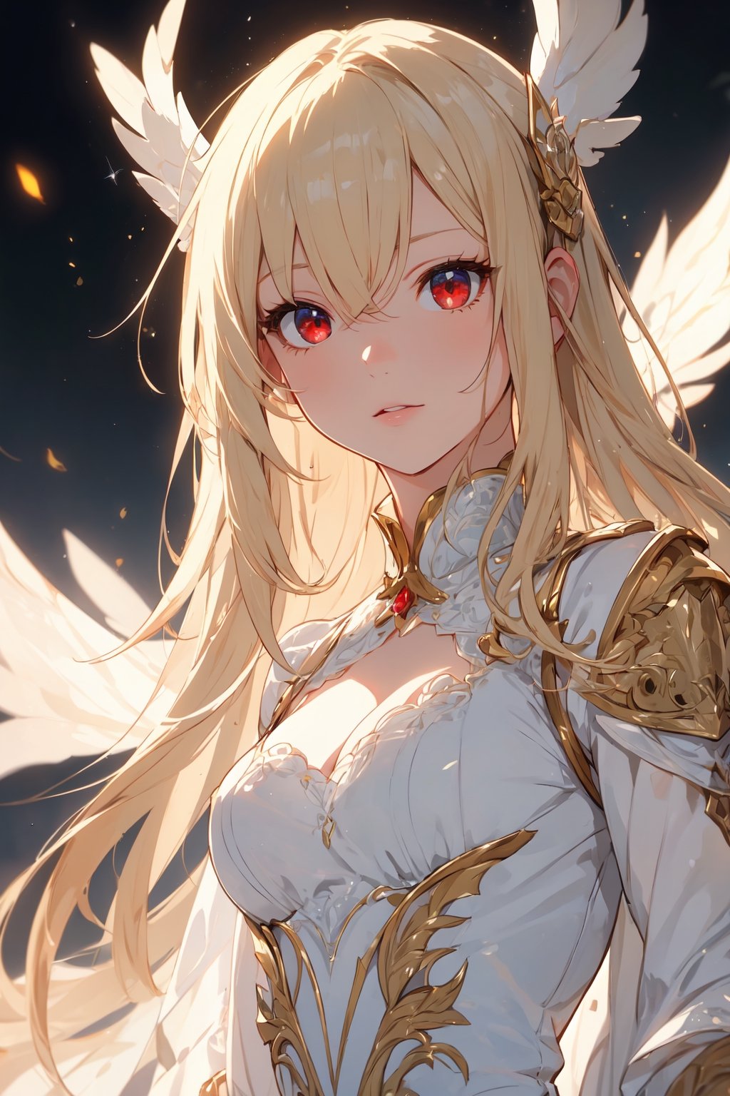 (masterpiece, best quality), (finely detailed beautiful eyes), (detailed background, fantasy), (beautiful detailed face), high contrast, (best illumination, an extremely delicate and beautiful), ((cinematic light)), colorful, hyper detail, dramatic light, intricate details, (1girl, solo,blonde hair, sharp face, red eyes, hair between eyes) ensharing, cute, white and red millitary uniform, full body