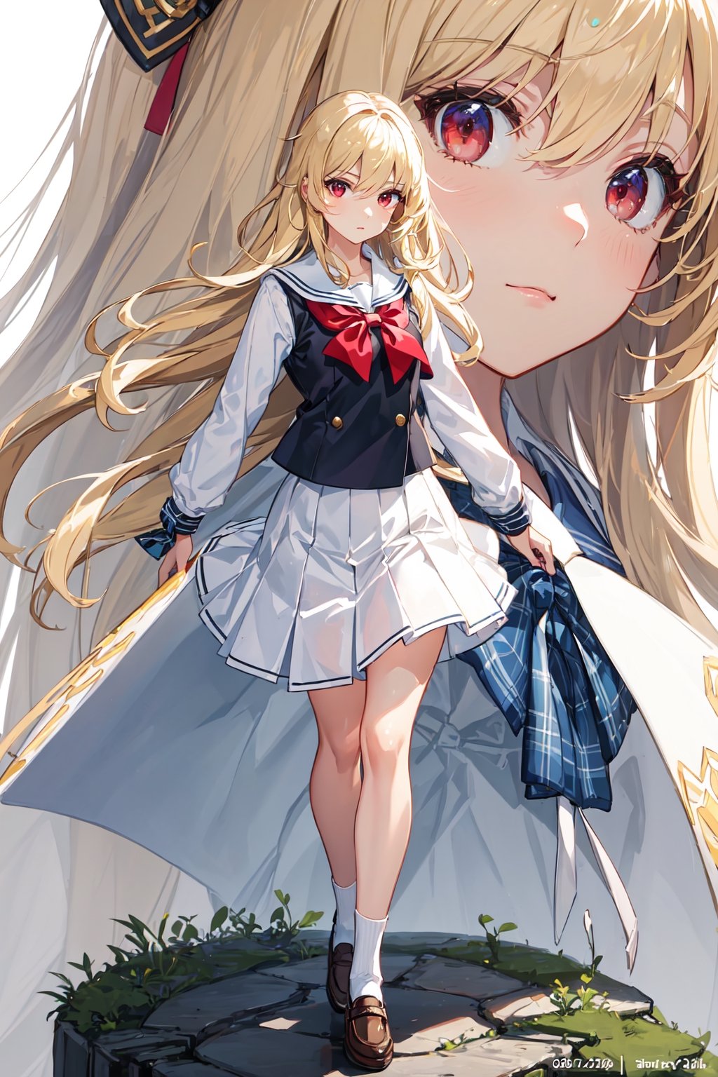 (masterpiece, best quality), (finely detailed beautiful eyes), (detailed background, fantasy), (beautiful detailed face), high contrast, (best illumination, an extremely delicate and beautiful), colorful, hyper detail, dramatic light, (1girl, solo,blonde hair, sharp face, red eyes, hair between eyes), princess, ensharing, cute, schoolgirl uniform, schoolgirl, white blouse, white skirt, plaid skirt, IncrsNikkeProfile, full body, zoom layer