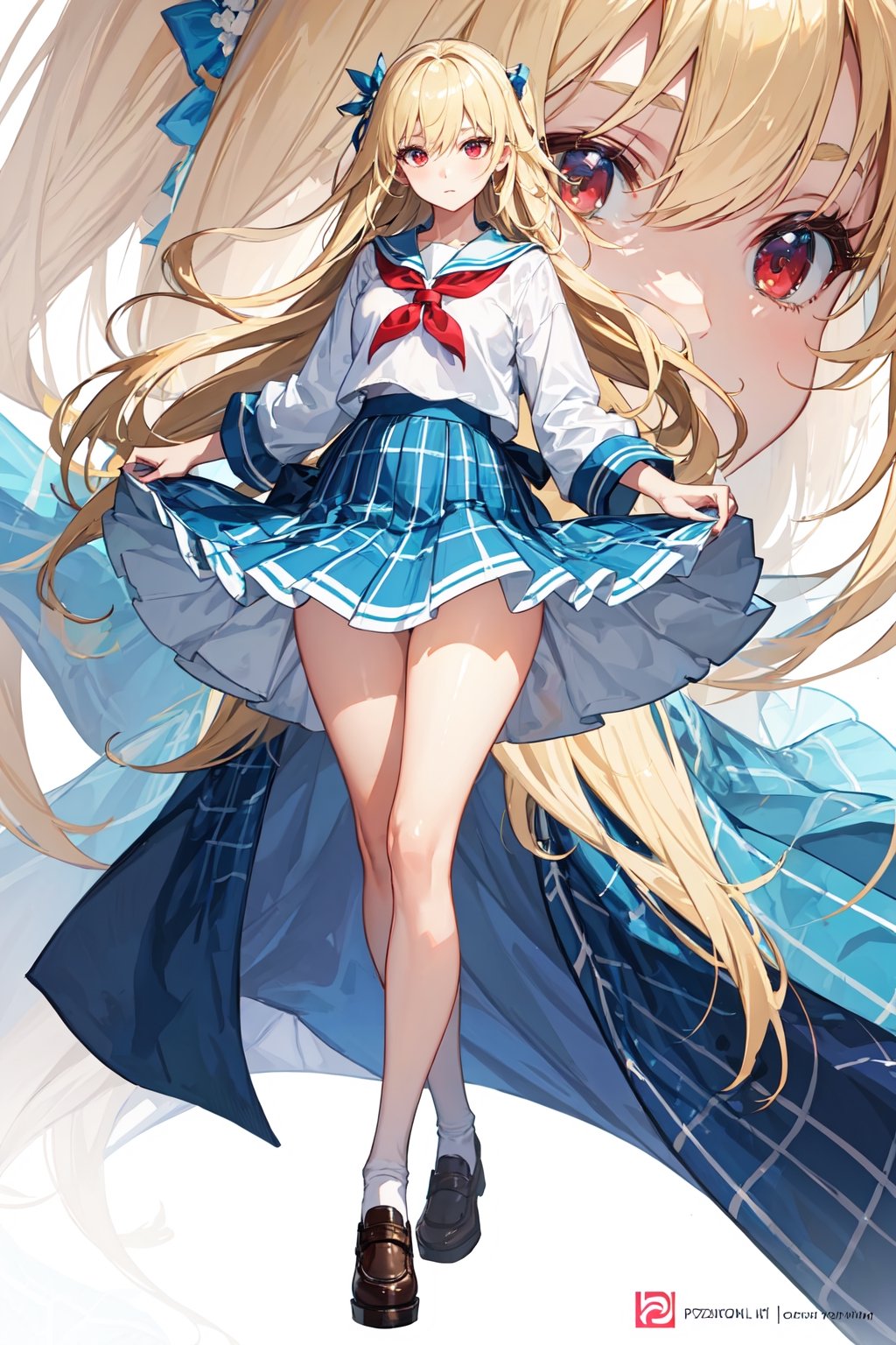 (masterpiece, best quality), (finely detailed beautiful eyes), (detailed background, fantasy), (beautiful detailed face), high contrast, (best illumination, an extremely delicate and beautiful), colorful, hyper detail, dramatic light, (1girl, solo,blonde hair, sharp face, red eyes, hair between eyes), princess, ensharing, cute, schoolgirl uniform, schoolgirl, white blouse, white skirt, plaid skirt, IncrsNikkeProfile, full body, zoom layer