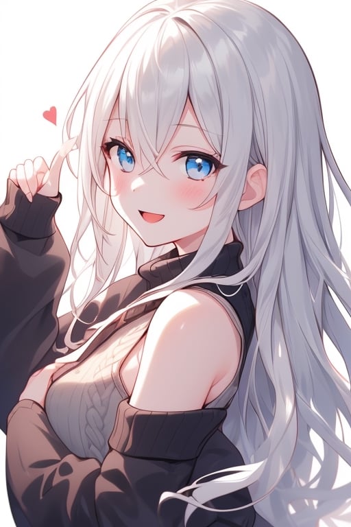 1girl, solo, long hair, looking at viewer, blush, smile,, bangs, blue eyes, simple background, long sleeves, white background, hair between eyes, upper body, :d, grey hair, heart, from side, sweater, sleeves past wrists, index finger raised, elaina \(majo no tabitabi\)