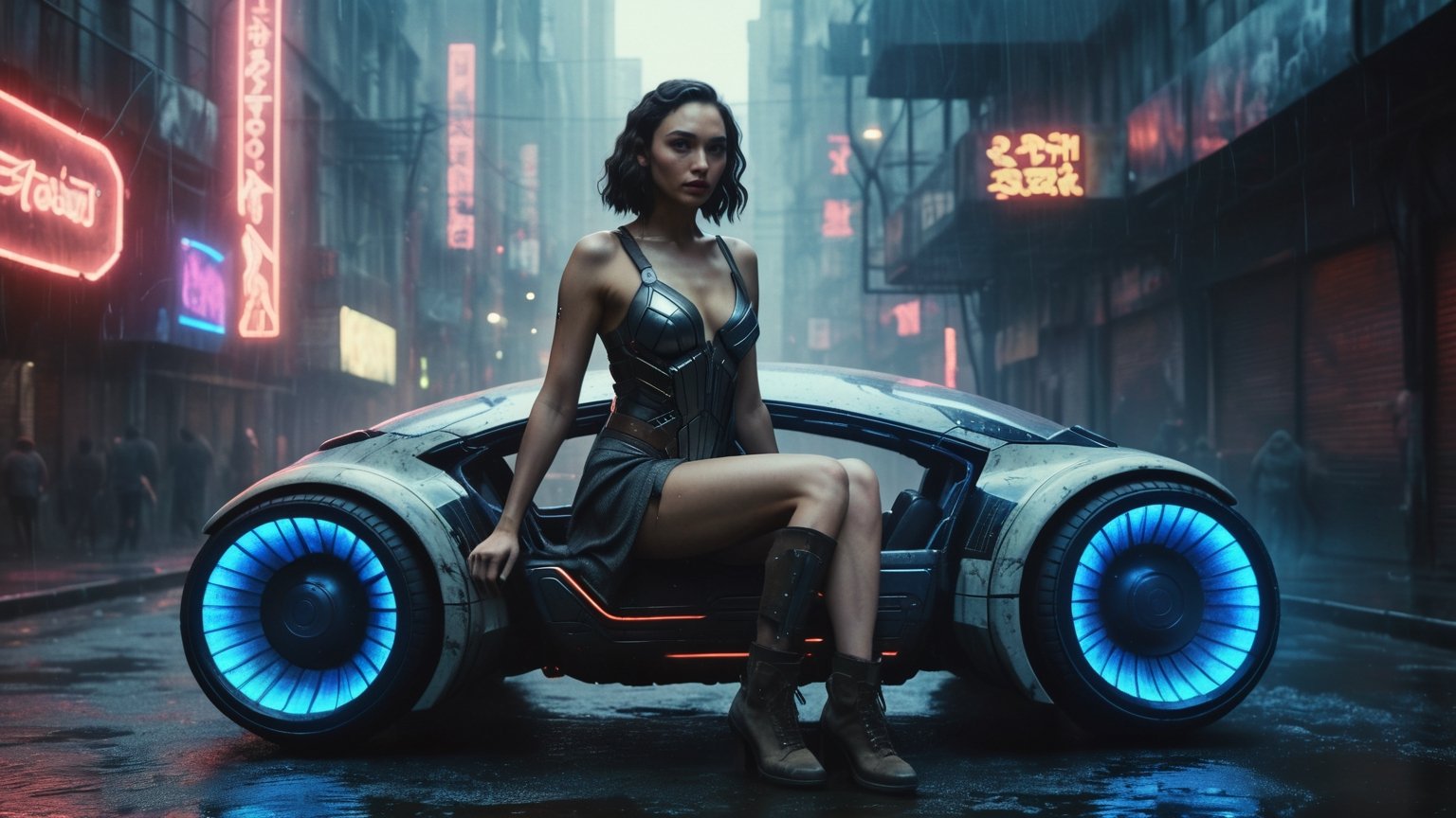 (((sexy cyberpunk android Gal Gadot sitting astride a huge cybernetic hover futuristic levitation transport with neon lights))), ((dark night vintage dystopian cyberpunk led neon waterfall in the city background)), ((lighting dust particles)), horror movie scene, best quality, masterpiece, (photorealistic:1.4), 8k uhd, dslr, masterpiece photoshoot, (in the style of Hans Heysen and Carne Griffiths),shot on Canon EOS 5D Mark IV DSLR, 85mm lens, long exposure time, f/8, ISO 100, shutter speed 1/125, award winning photograph, facing camera, perfect contrast,cinematic style