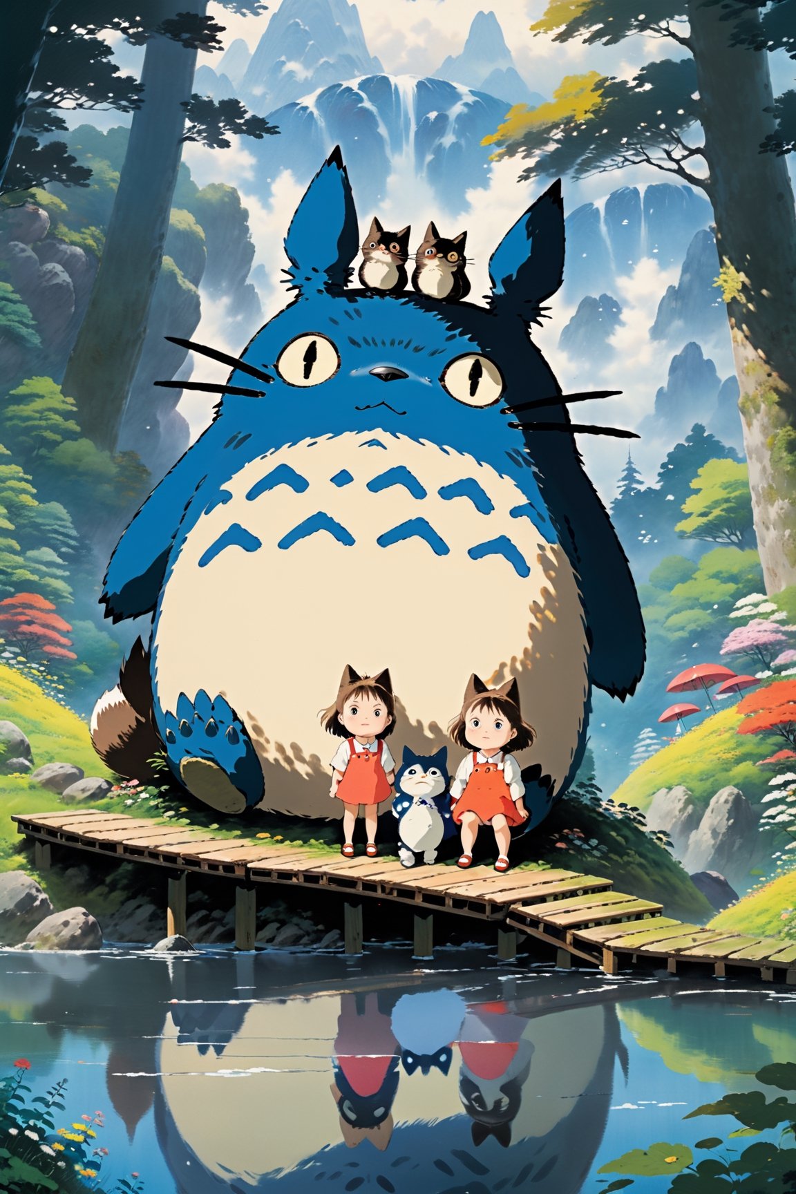 (masterpiece, best quality), Highly qualified 8K style Studio Ghibli my neighbour Totoro Instead of Totoro there is a withe bicolor ragdoll cat mountain and lake and children 2 girls, ultra detail, sharp eyeest quality, (highres:1.2), super cute style, vibrant colors, warm tones, soft lighting,Anime,Enhanced All,ghibli,illustrator,sticker design
