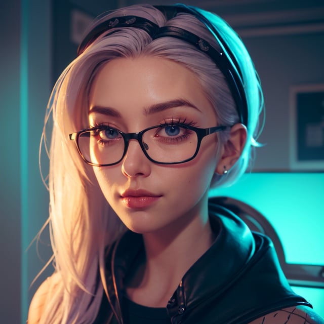 1girl, 8k , realistic, photorealistic ,  (masterpiece), (best quality:1.2), absurdres, intricate details , (highly detailed skin:1.2),
white hair, eyes_half-closed, tattos  , wearing leather ,highly detailed fingers, modern clothes , soft smooth lighting, ,3DMM