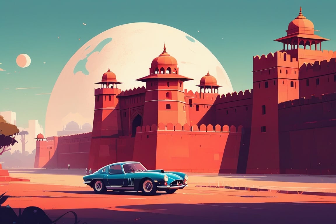 (by James Gilleard, (Andreas Rocha:1.15):1.05), cat, exotic car, Agra Fort, (side view:1.2), retro artstyle, award-winning, minimalist, simple, wide landscape, high contrast, highly detailed, intricate,