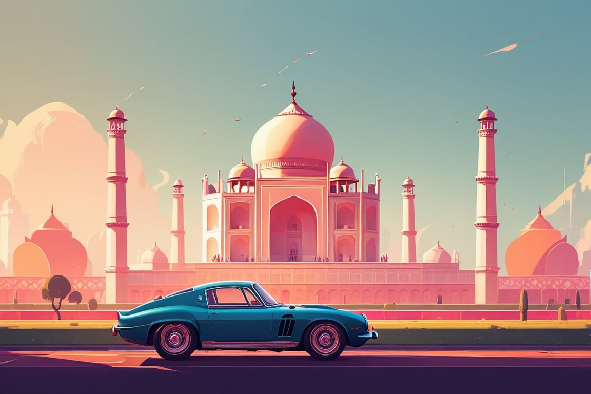 (by James Gilleard, (Andreas Rocha:1.15):1.05), cat, exotic car, Taj Mahal, (side view:1.2), retro artstyle, award-winning, minimalist, simple, wide landscape, high contrast, highly detailed, intricate,