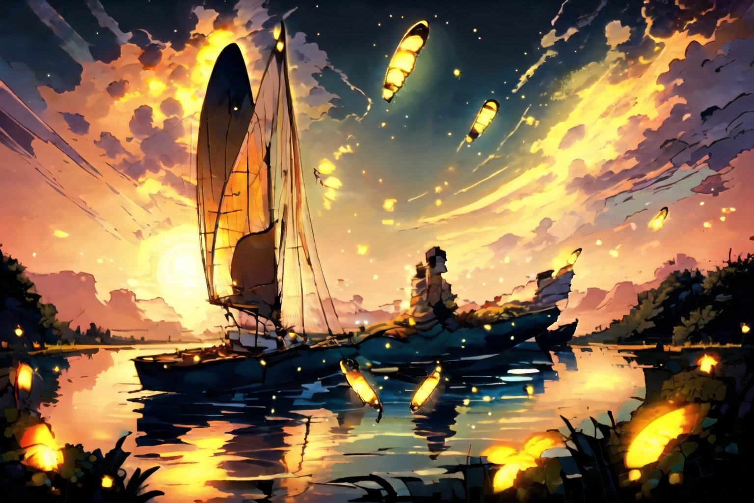 	A 12X16 inch cartoon style masterpiece; Capture the serenity of the kayaker gliding through the mirror-like lake, bathed in the warm glow of the setting sun.,firefliesfireflies,EpicArt