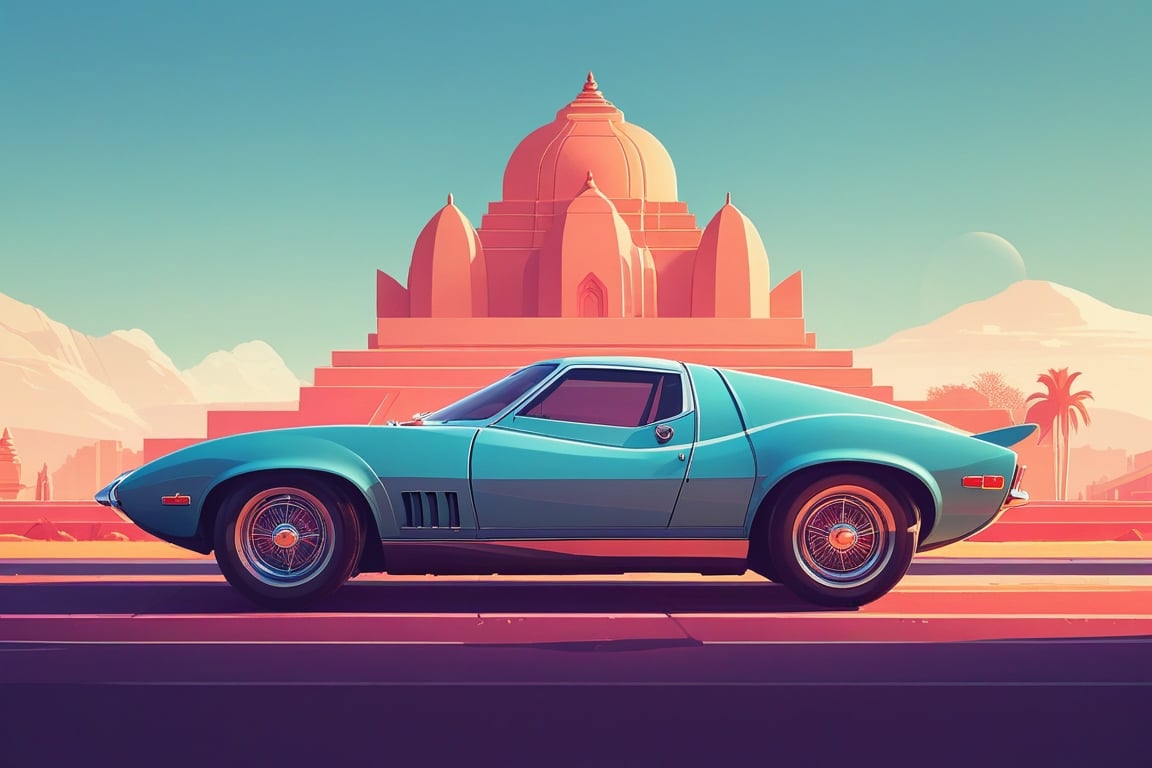 (by James Gilleard, (Andreas Rocha:1.15):1.05), cat, exotic car, Khajuraho, (side view:1.2), retro artstyle, award-winning, minimalist, simple, wide landscape, high contrast, highly detailed, intricate,