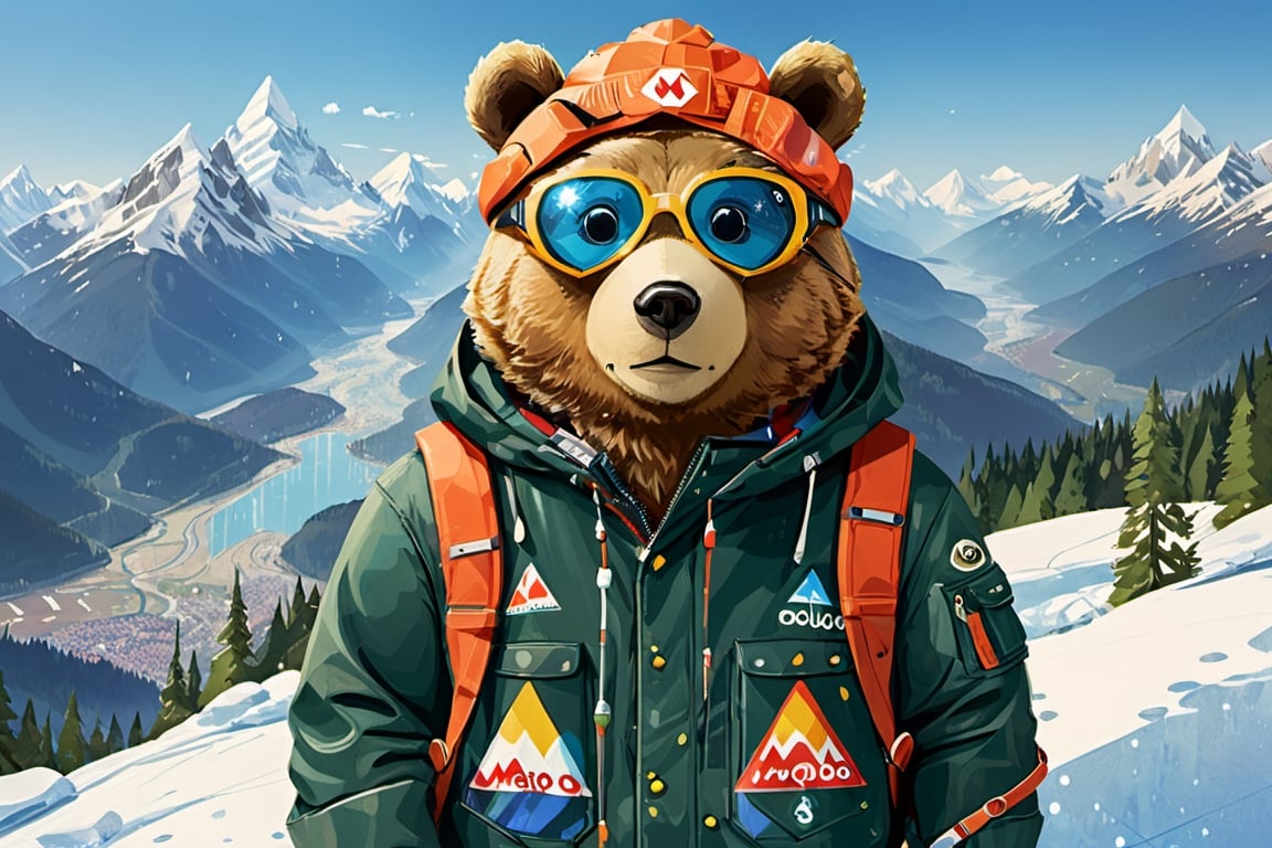 Ilustration,carton pollar bear head, with ski goggles in which mountains are reflected,wearing a mountain jacket, withoud bear eye,Mario Real - SDXL 1.0,more detail XL