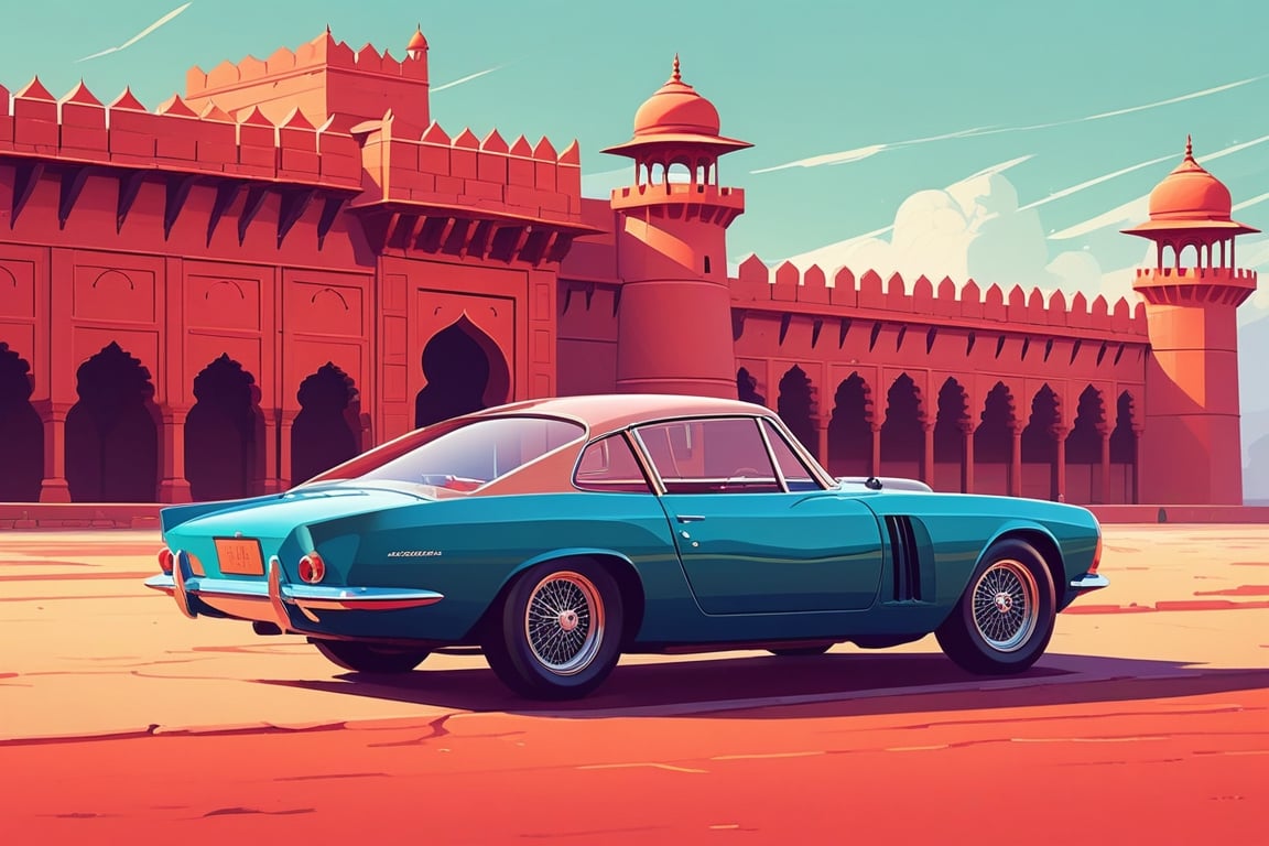 (by James Gilleard, (Andreas Rocha:1.15):1.05), cat, exotic car, Agra Fort, (side view:1.2), retro artstyle, award-winning, minimalist, simple, wide landscape, high contrast, highly detailed, intricate,