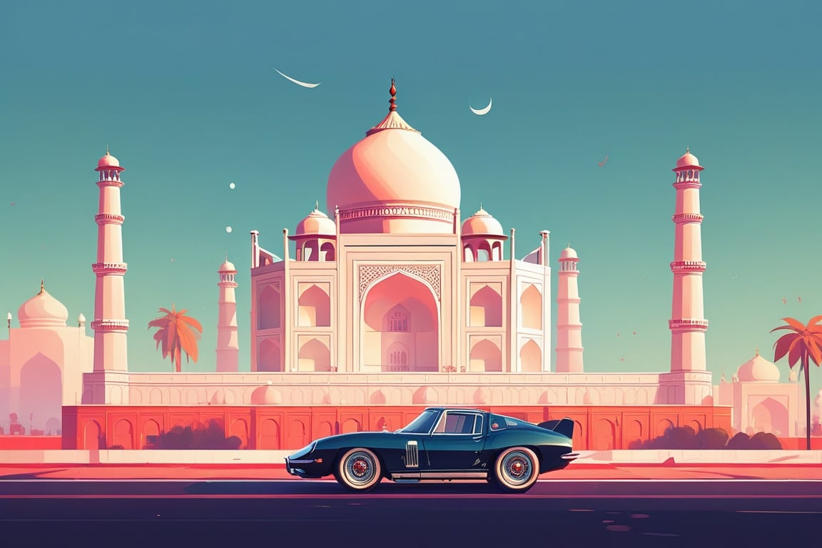 (by James Gilleard, (Andreas Rocha:1.15):1.05), cat, exotic car, Taj Mahal, (side view:1.2), retro artstyle, award-winning, minimalist, simple, wide landscape, high contrast, highly detailed, intricate,