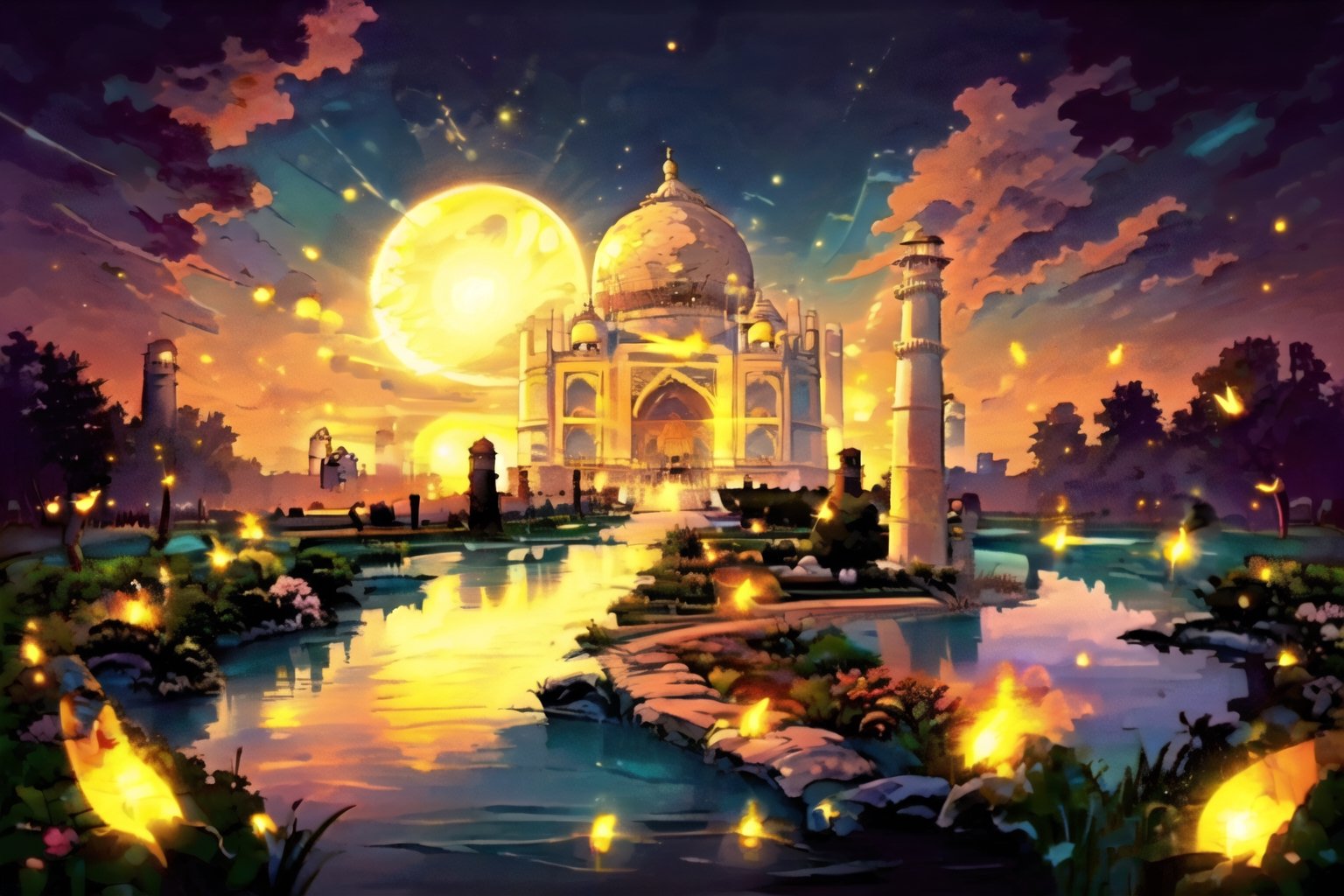	A 12X16 inch cartoon style masterpiece; Capture the serenity of the taj mahal gliding through the mirror-like lake, bathed in the warm glow of the setting sun.,firefliesfireflies,EpicArt