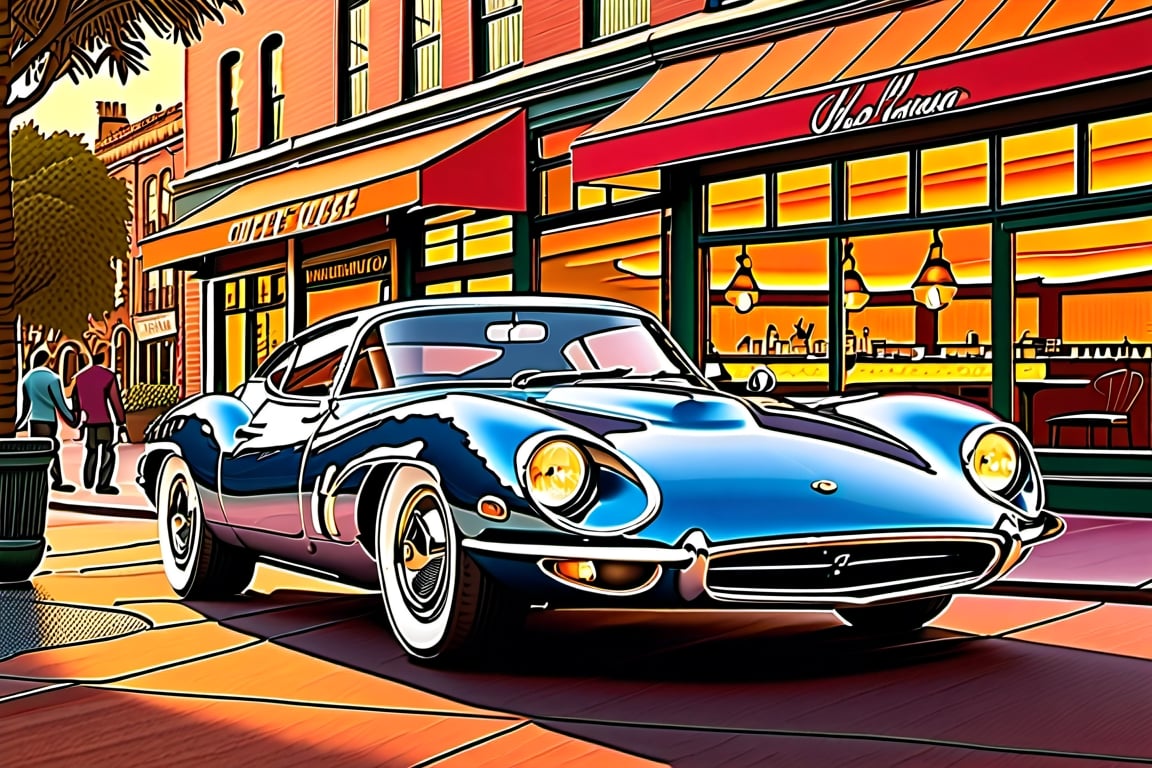 "Create a captivating artwork featuring a sleek, futuristic car parked in a cozy coffee shop setting. The car, with its streamlined design, reflects the soft glow of ambient lighting. Through the coffee shop's large window, a barista can be seen preparing a cup of coffee, adding a touch of warmth to the scene. The setting is a harmonious blend of modernity and comfort, with details like polished surfaces, reflections, and the inviting aroma of coffee, making it a perfect composition for car and coffee enthusiasts alike."