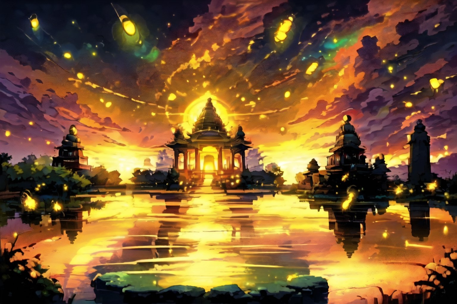 	A 12X16 inch cartoon style masterpiece; Capture the serenity of the hindu temple gliding through the mirror-like lake, bathed in the warm glow of the setting sun.,firefliesfireflies,EpicArt