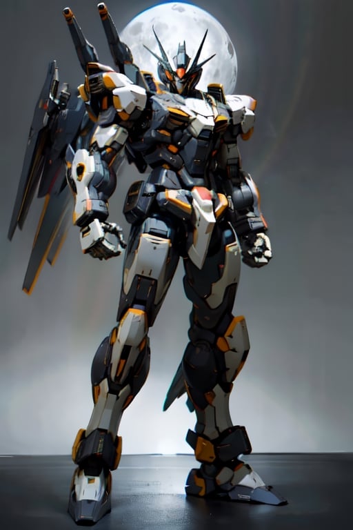 Mech solo, standing, full body, grey background, no humans, robots in background, mecha, clenched hands, science fiction, looking ahead hero stance, nighttime scene full_moon, 
